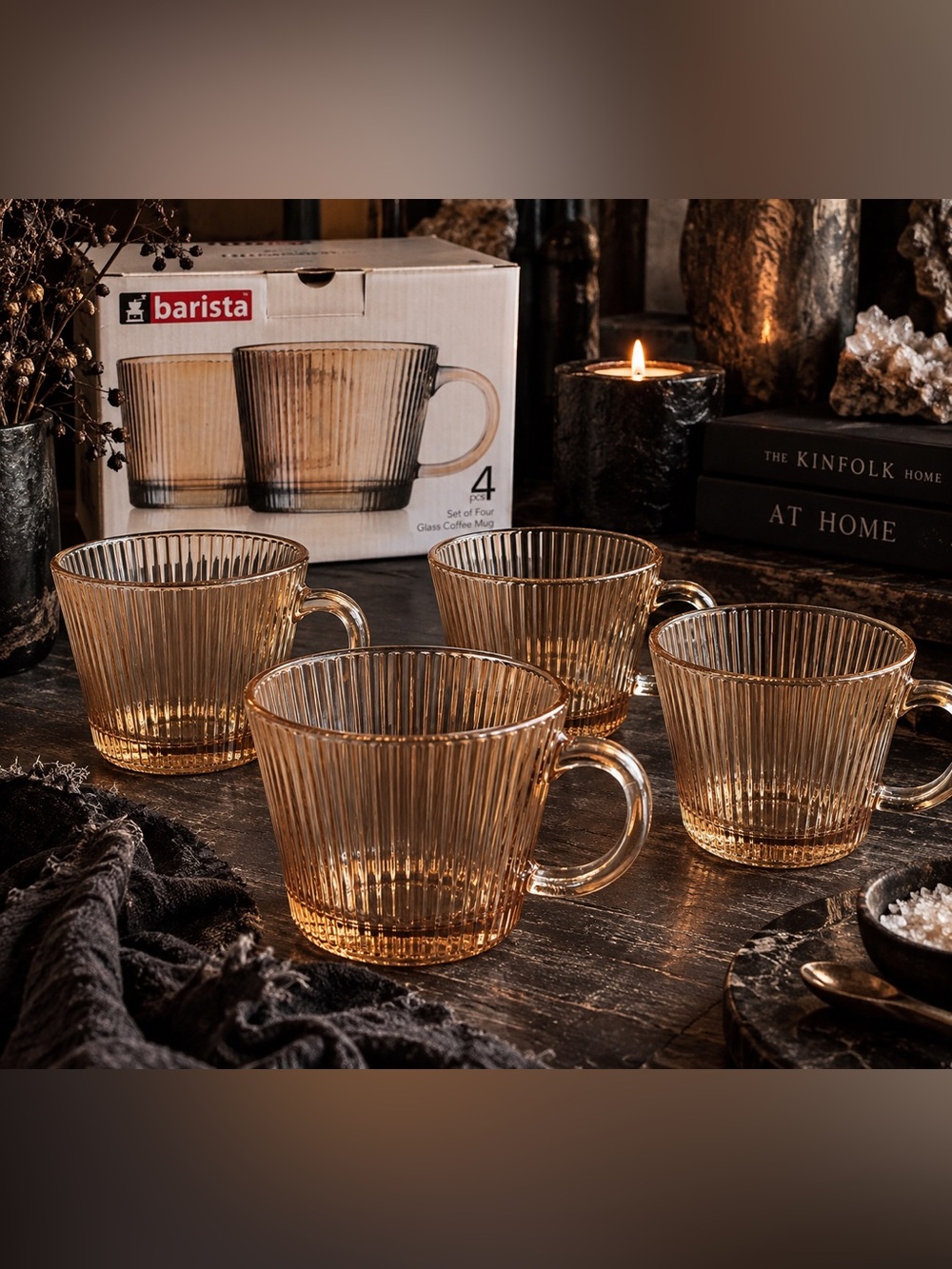 Barista Set of 4 Amber Ribbed Glass Coffee Mugs 13.5 Oz 400ml